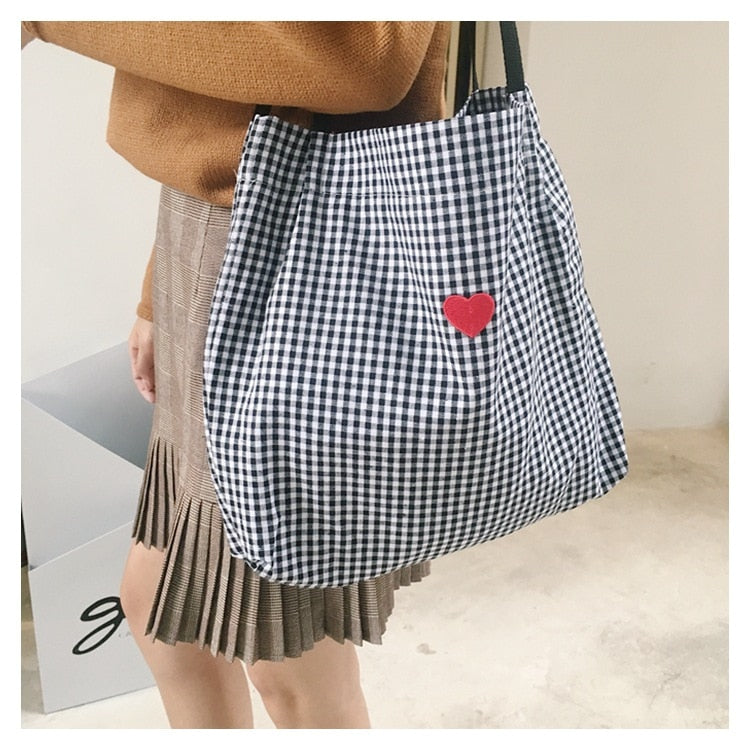 Realaiot Women Canvas Shoulder Bag Black White Plaid Red Heart Deer Embroidery Ladies Shopping Bag Handbags Totes Cotton Cloth Beach Bags