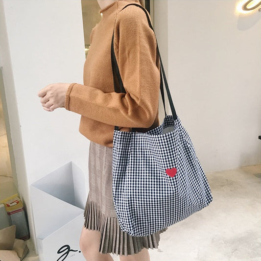 Realaiot Women Canvas Shoulder Bag Black White Plaid Red Heart Deer Embroidery Ladies Shopping Bag Handbags Totes Cotton Cloth Beach Bags