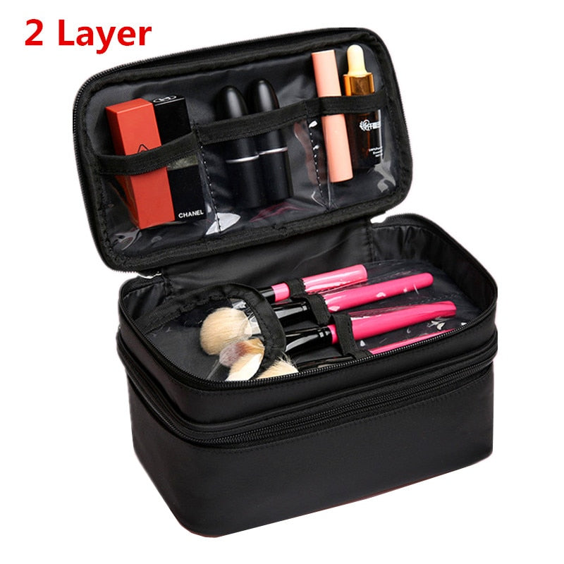 Realaiot Women's Double Layer Cosmetic Bag Box Waterproof Oxford Makeup Case Travel Organizer Necessary Beauty Vanity Toiletry Wash Pouch