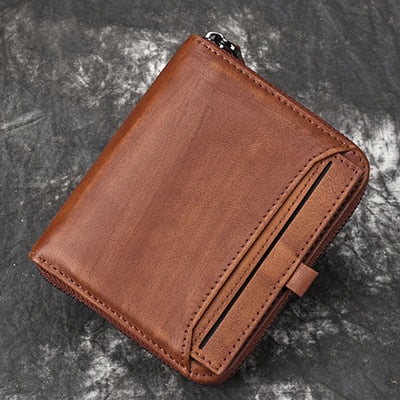 Realaiot Wallet man short head layer cowhide money Clip Men's retro wallet vertical zipper casual Youth small wallet