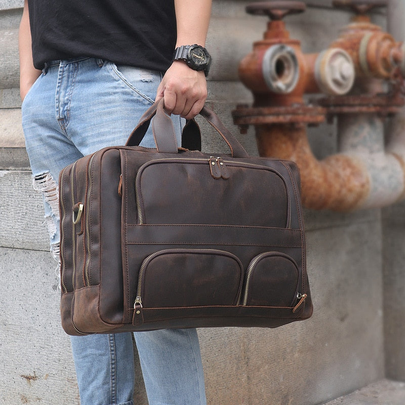 Realaiot Vintage Leather Mens Briefcase With Pockets Cowhide Bag On Business Suitcase Crazy Horse Leather Laptop Bags Design