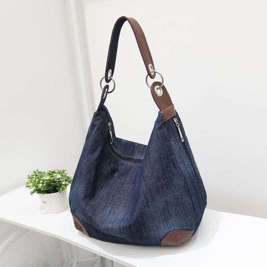 Realaiot Women Denim Tote Bag Casual Canvas Jean Large Capacity Top Handle Bag One Shoulder Bags