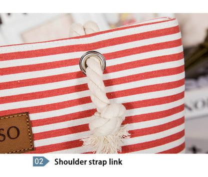 Realaiot Women Stripes Canvas Beach Bag Large Capacity Female Zipper Shoulder Bag Ladies Polyester Totes Girl's Casual Shopping Handbag