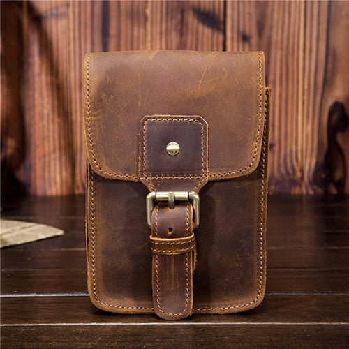 Cyflymder Men's Waist Pack Genuine Leather Pouch Waist Bag for Men Fanny Pack Cow Leather Mini Phone Bag Vintage Big Wallet Belt Loop Hoop