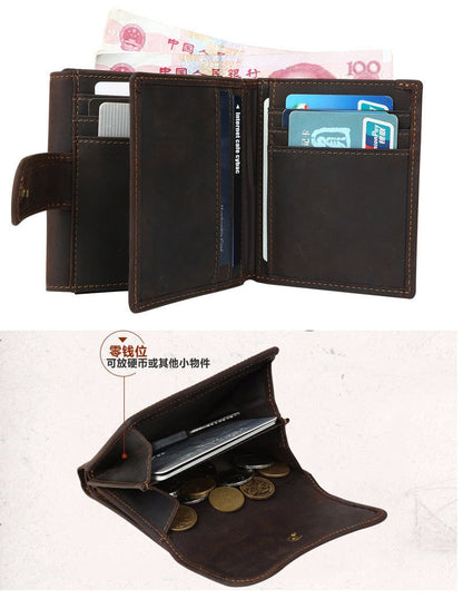 Realaiot Vintage Crazy Horse Genuine Leather Men Wallet Men Purse Leather Wallet Male Purse Short Style Clutch Bag Coin Bag Money Clips