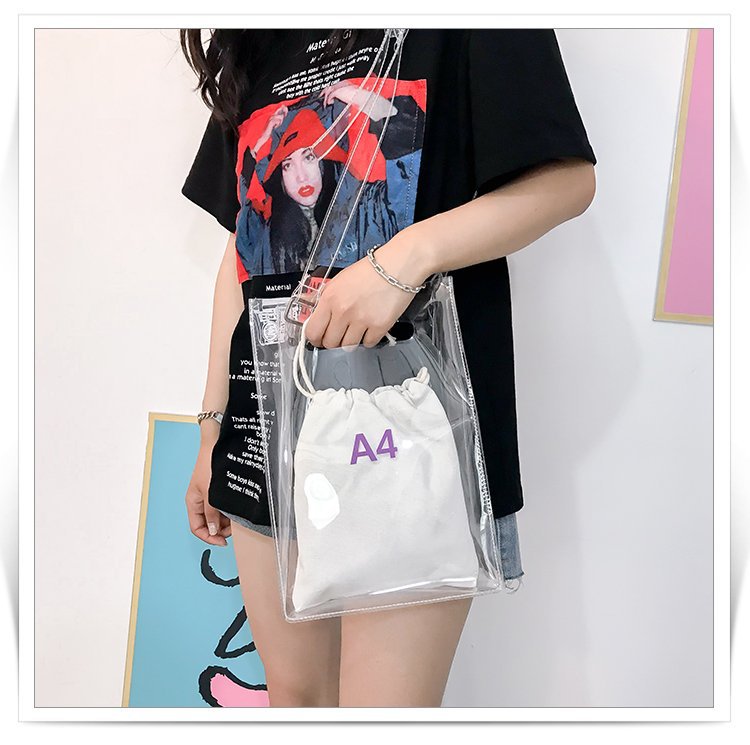 Realaiot Fashion Women Messenger Bag Transparent PVC Vertical Letter Shoulder Bag A4 A5 Summer Creative Beach Bag Internal Drawstring Bag