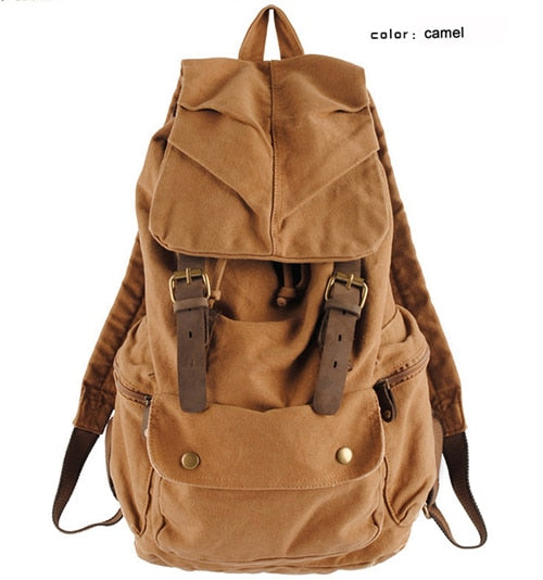 Realaiot Fashion Vintage Leather Military Canvas Backpack Men's Backpack School Bag Drawstring Backpack Women Bagpack Male Rucksack