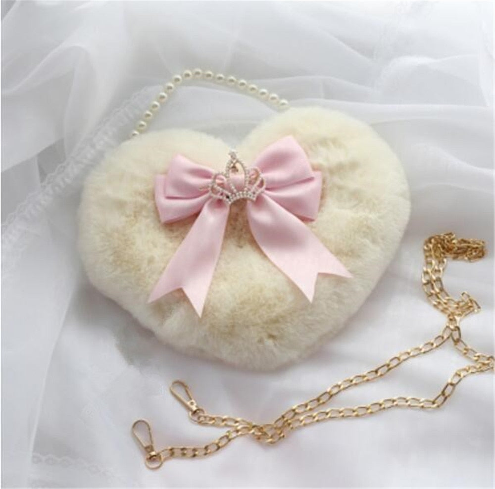 Realaiot Kawaii Heart-shaped Lolita Girl Messenger bag Harajuku Plush Bow JK Uniform Cute Furry Chain Shoulder Bag Handbag