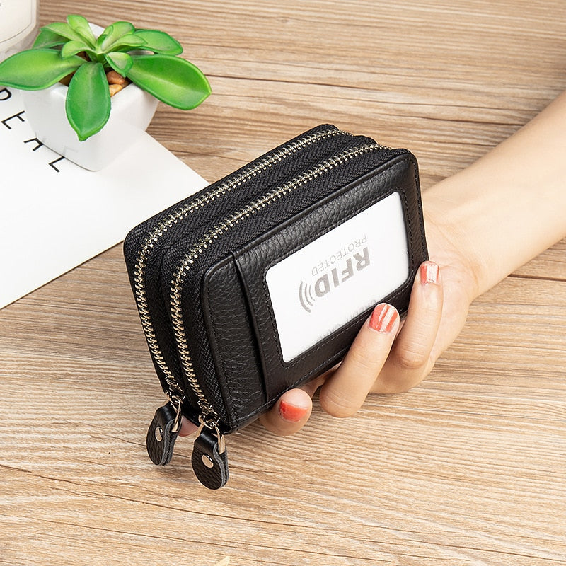 Cyflymder RFID Blocking Fashion Women Card Holder Genuine Leather Double Zipper Large Capacity Female Wallet Purse