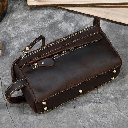 Realaiot Vintage Leather Storage Bag Clutch Bags Men Wash Bag Toiletry kits Crazy Horse Leather Men Clutches