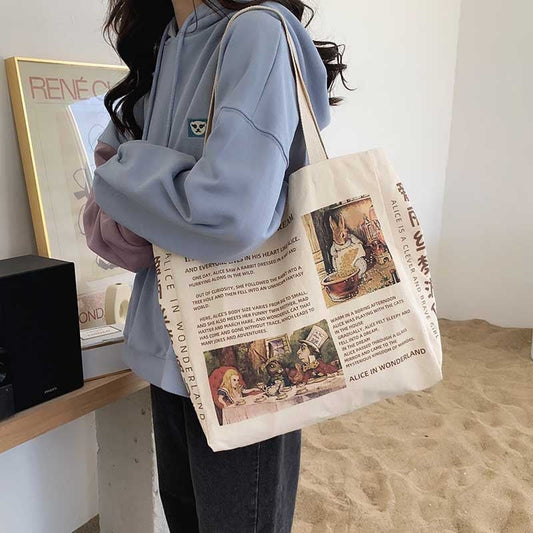 Cyflymder New Design Women Canvas Shoulder Bag Alice in Wonderland Shopping Bags Students Book Bag Cotton Cloth Handbags Tote for Girls