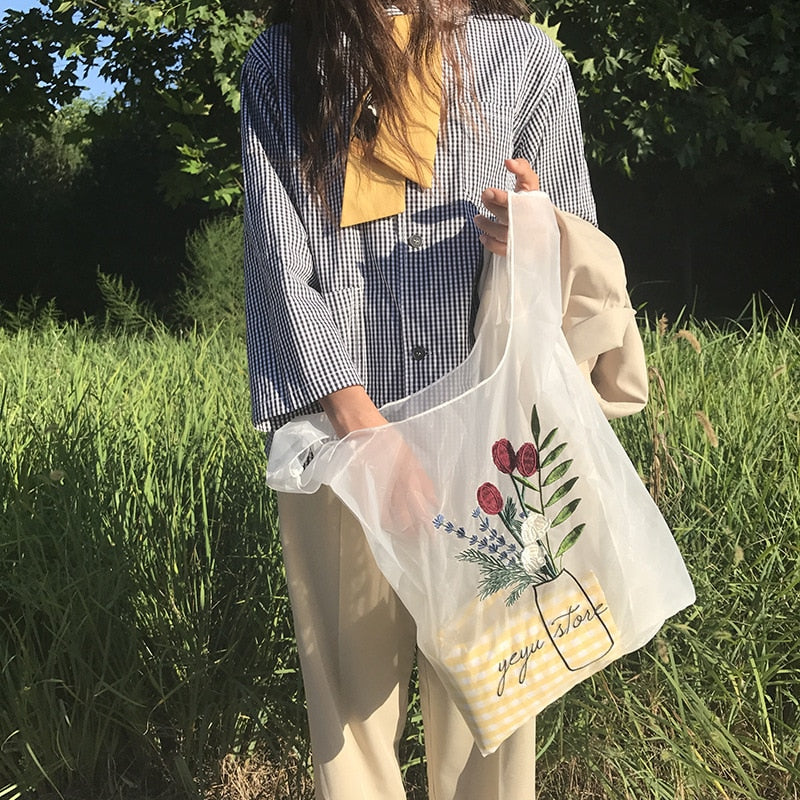 Realaiot Summer Women Transparent Tote Organza Yarn Cloth Beach Bag Embroidery Handbag High Quality Eco Clear Hand Bags Purse For Girls