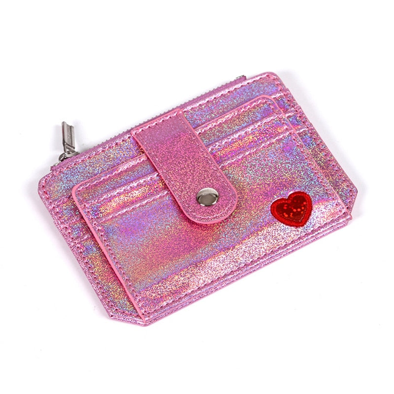 Cyflymder Laser Heart Embroidered ID Credit Card Holder PU Leather Women Thin Wallet Zipper Hasp Coin Bag Money Clip Portable Small Purse