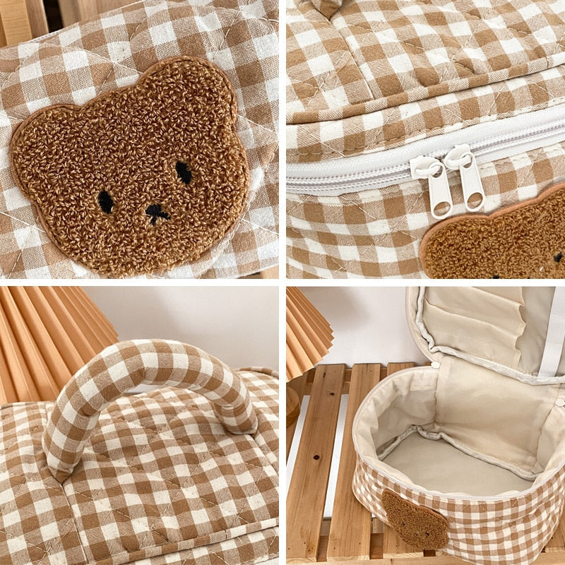 Realaiot Cute Bear Makeup Bag Large Capacity Portable Cosmetic Bags Zipper Pure Cotton Plaid Brushes Pouch Case For Women