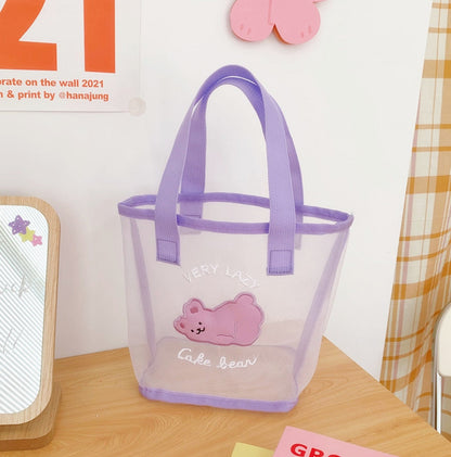 Realaiot Women Korean Bear Rabbit Mesh Handbag Totes Girls Summer Travel Beach Bag Women Shopping Bags Gauze Hand Bags Fashion Tote Bag