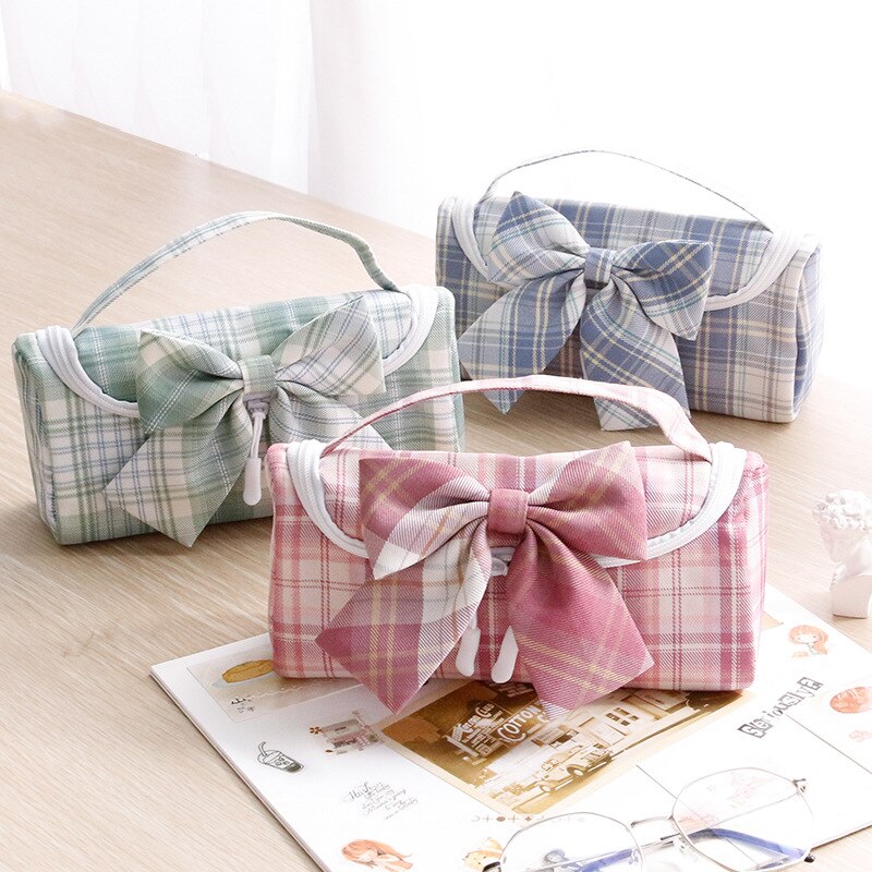 Realaiot Cute Canvas School Pencil Cases Striped Lattice Bow Kawaii Pencil Bag JK Pen Pouch Pensil Case Big Pencils Box Korean Stationery