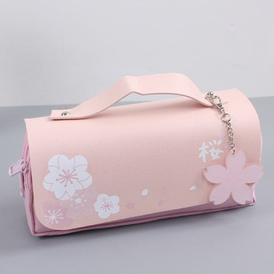 Cyflymder Sakura Pencil Bag PU Leather Pen Case Kawaii Stationery Ruler Pouch for School Girl Sweet Eraser Holder Gift Box Flowers Storage