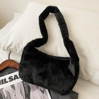 Realaiot Simple Design Women Soft Plush Hobos Shoulder Bags Winter Furry Ladies Clutch Purse Handbag Fashion Female  Underarm Bag