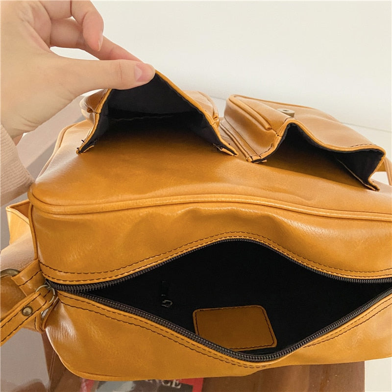 Realaiot Vintage Women Messenger Bag Large Capacity Oil Wax Leather Female Shoulder Bag Ladies Crossbody Bag Casual Big Handbag Yellow