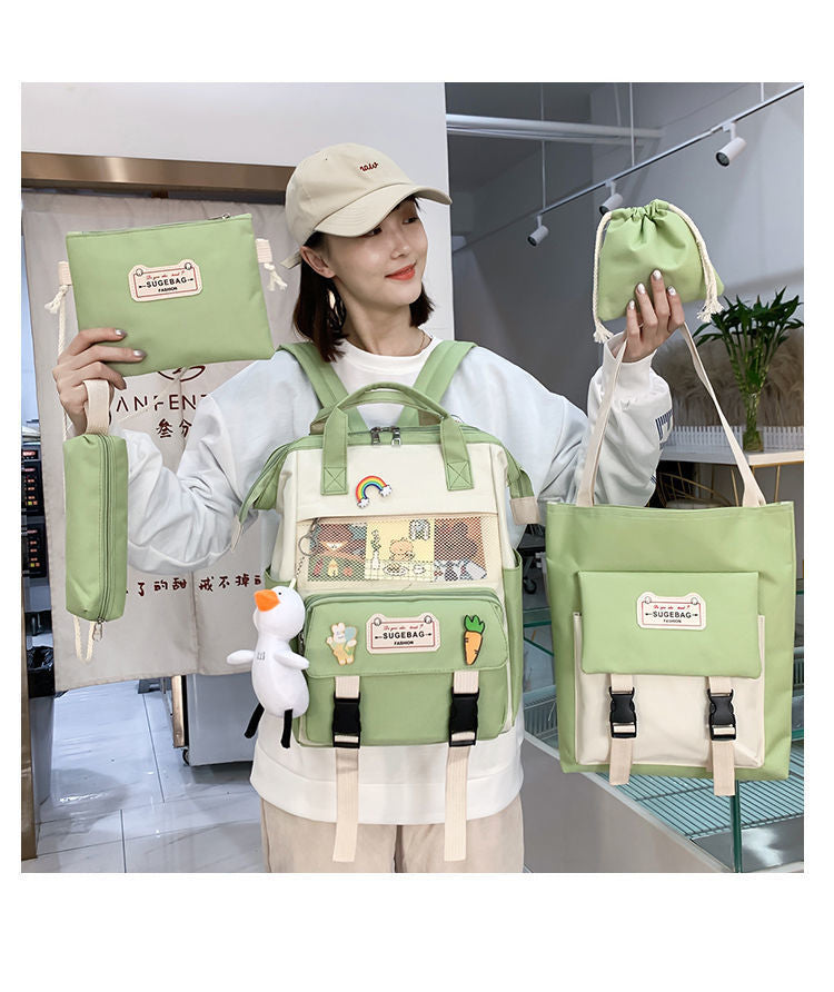 Realaiot 5Pcs/set Canvas School Backpacks Women Lovely School Bags for Teenage Girls Bookbags Students Travel Shoulder Bags Ladies