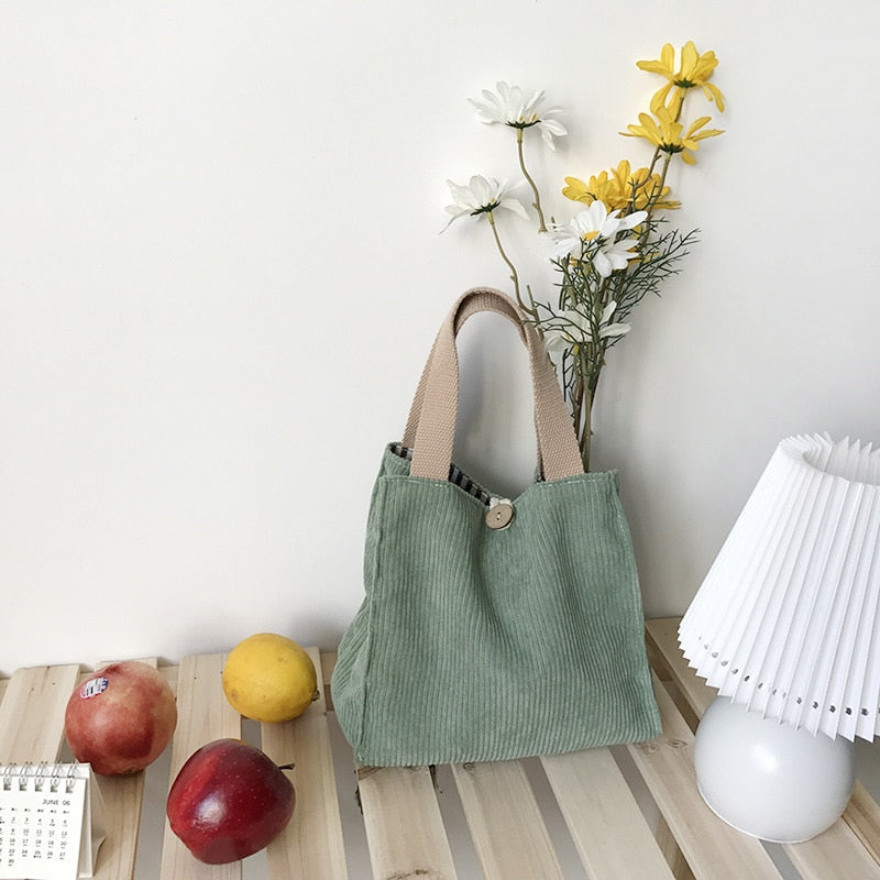 Cyflymder Lunch Bag Corduroy Canvas Lunch Box Picnic Tote Cotton Cloth Small Handbag Pouch Dinner Container Food Storage Bags For Ladies