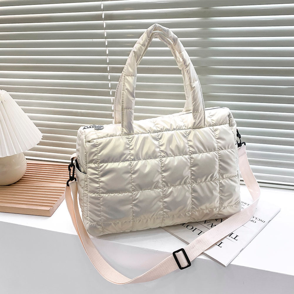 Realaiot Winter Down Bag Quilted Space Cotton Handbags For Women Large Capacity Tote Bags Female Wide Strap Feather Padded Crossbody