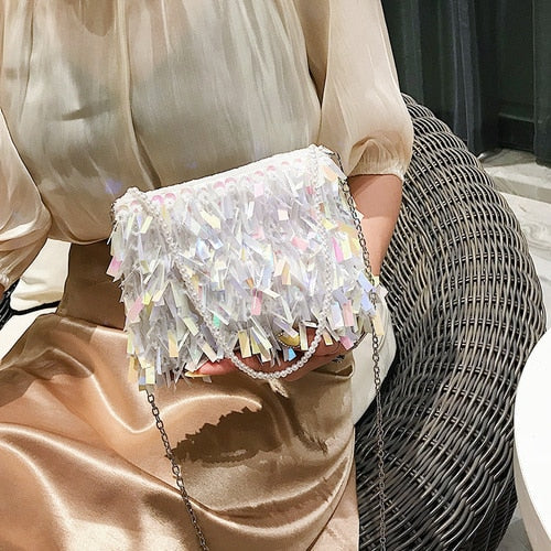 Realaiot Fashion Design Luxury Silver Sequin Rhinestone Tassel Women Small Shoulder Bags Chain Elegant Ladies Party Evening Clutch Purse