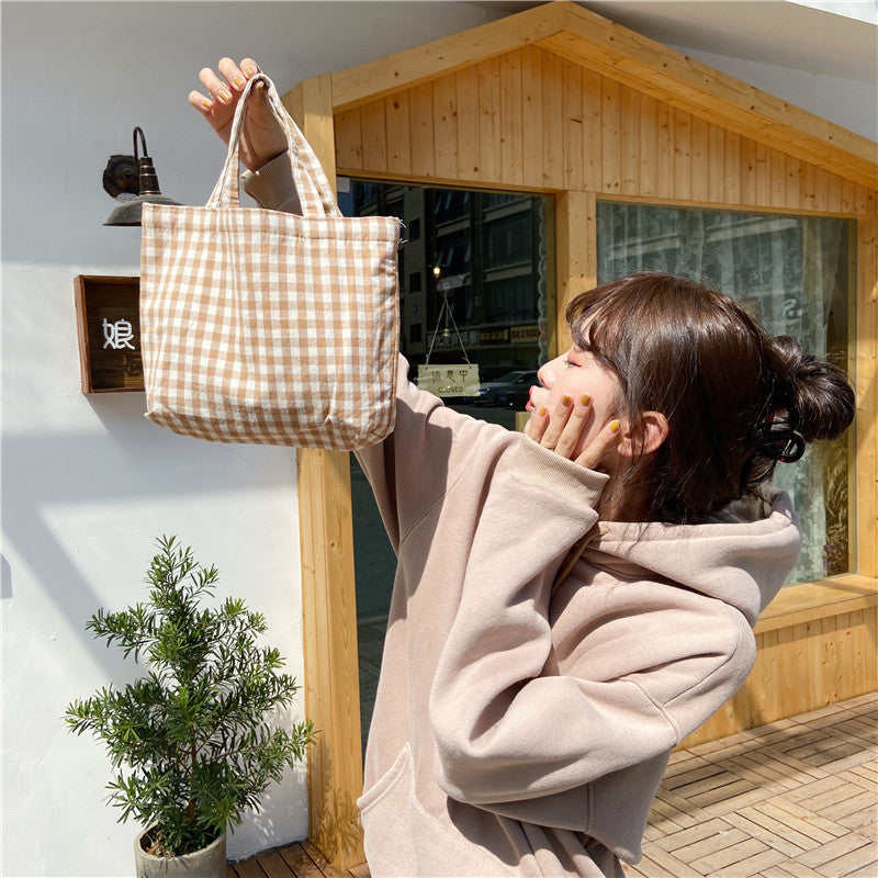 Cyflymder Portable Cotton Women Lunch Bento Bag Vintage Plaid Canvas Ladies Small Handbags Simple Female Cloth Mini Tote Bag Clutch Purse