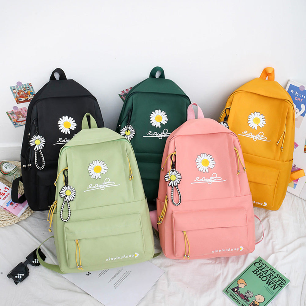 Realaiot 4pcs/Set Preppy Style Daisy Print Backpacks Canvas School Rucksack Teenager Girls Travel Mochila Shoulder Bags Students Pen Clut