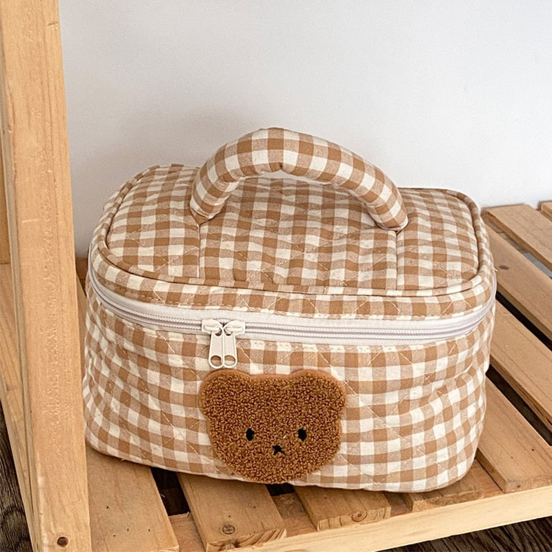 Realaiot Cute Bear Makeup Bag Large Capacity Portable Cosmetic Bags Zipper Pure Cotton Plaid Brushes Pouch Case For Women