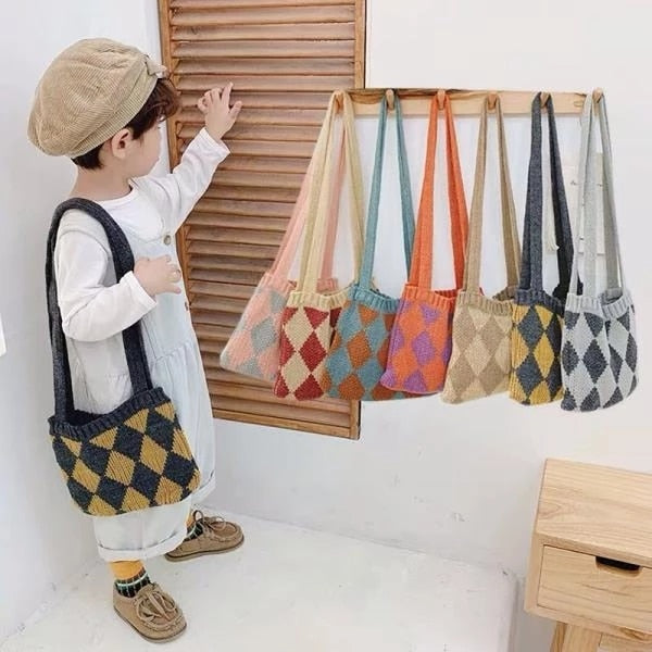 Realaiot Cute Children Knitted Woolen Shoulder Bags Lovely Cherry Plaid Baby Kids Small Purse Handbags Boys Girls Underarm Crossbody Bag