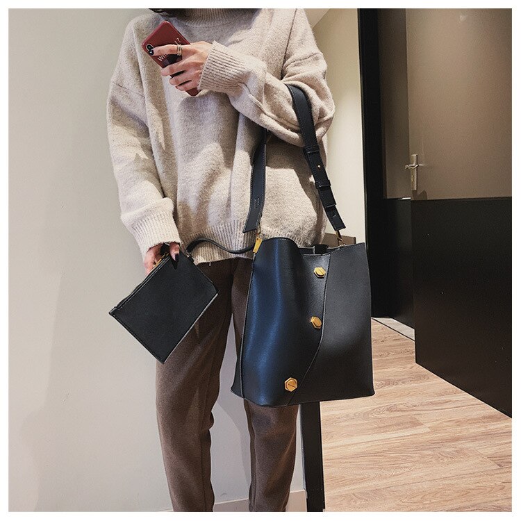 Realaiot Fashion pu leather Bucket bag Women shoulder bags Women's handbag women Crossbody bags female clutches Ladies wallet black Gifts for Mom