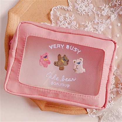 Realaiot Cute Embroidery Pencil Case Girl Bear Large Capacity Pen Pouch Ins Kawaii Makeup Storage Bag Portable Travel Organzier