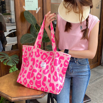 Realaiot Women Shoulder Bag Canvas Totes Bag Girl Fashion Casual Large Capacity Shopper Bag With Snap Cute Leopard Printing Handbags