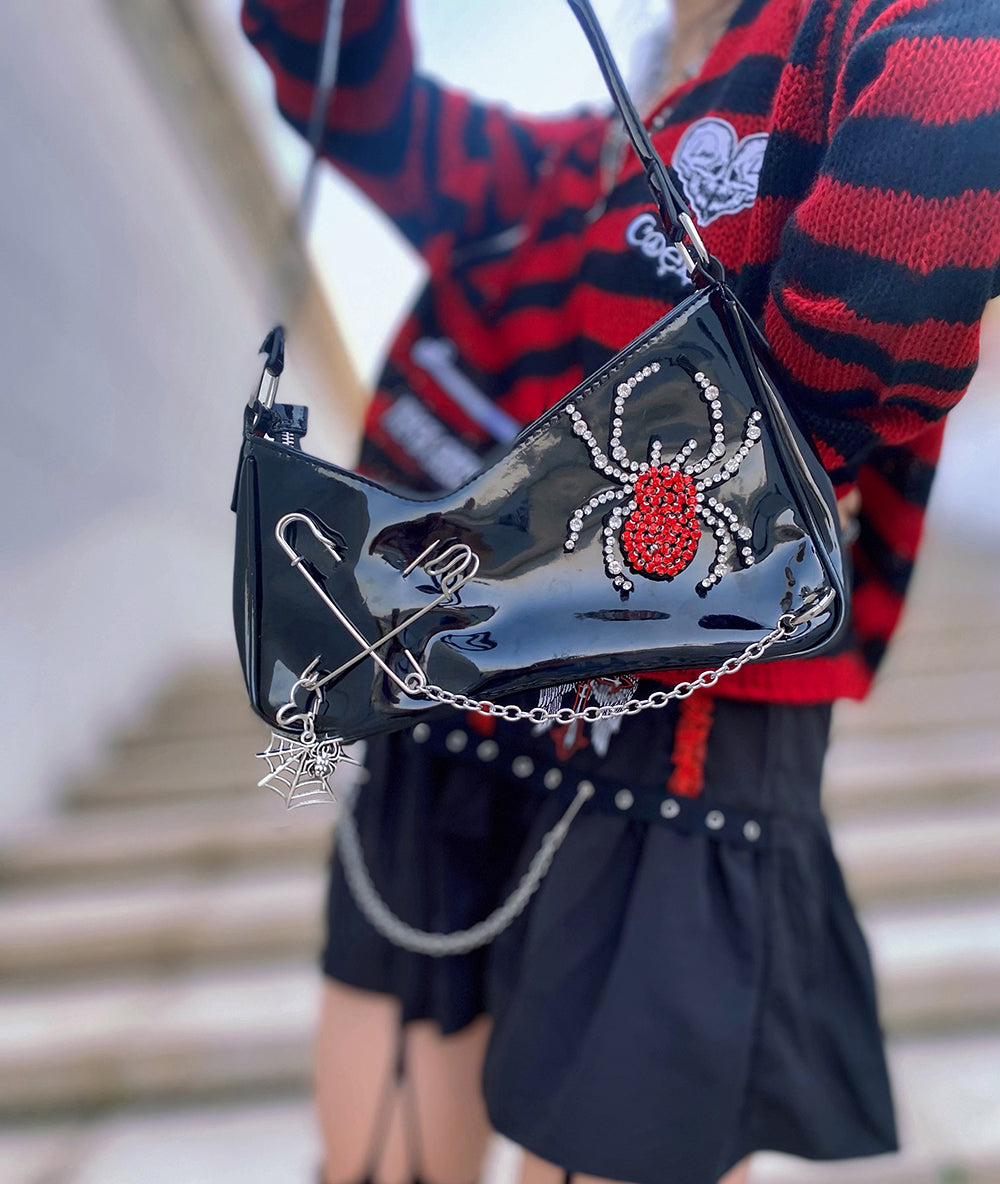 Cyflymder Punk Gothic Shoulder Bag Harajuku Patent Leather Shiny Diamond Spider Irregular Womens Bag With Chain Ladies Handbag