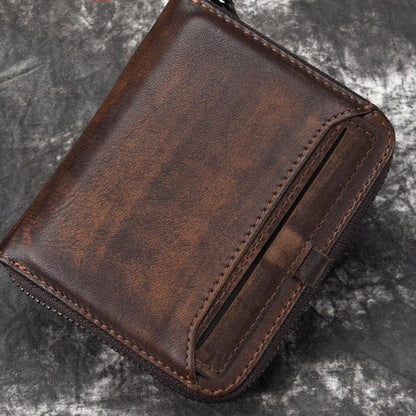 Realaiot Wallet man short head layer cowhide money Clip Men's retro wallet vertical zipper casual Youth small wallet