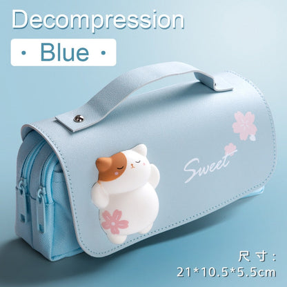 Realaiot Cute Cat Decompression Pencil Case Big Pencil Box Portable Girls Pen Bag Double Layer School Pouch Kawaii Stationery Pensil Case