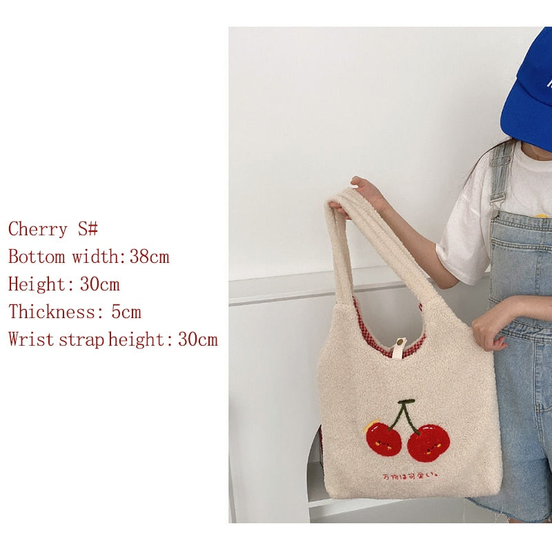 Cyflymder Plush Tote Bag Shopper Handbag for Women Autumn Winter Girls Casual Cute Cherry Embroidery Lmitation Wool Eco Shoulder Bags