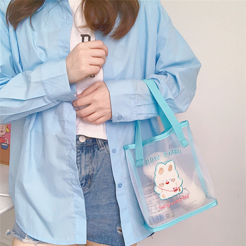 Realaiot Women Korean Bear Rabbit Mesh Handbag Totes Girls Summer Travel Beach Bag Women Shopping Bags Gauze Hand Bags Fashion Tote Bag