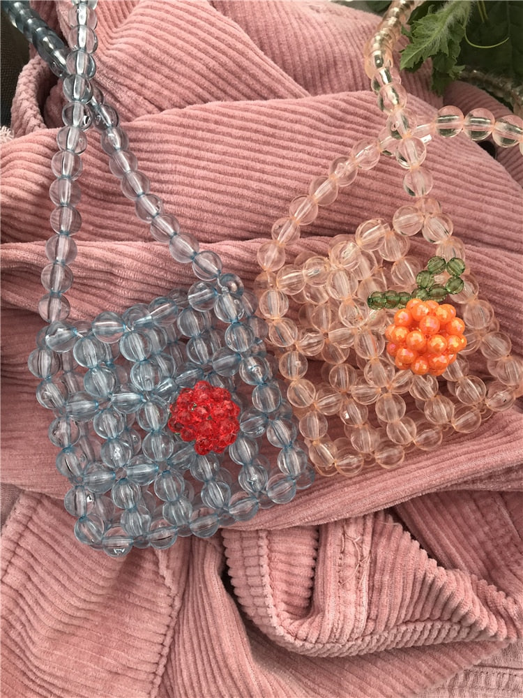 Cyflymder Retro Orange Beaded Bag Clear Crystal Jelly Clutch Bag Girl Beaded Woven Handbag for Woman Handmade Bags Luxury Designer Gifts for Women