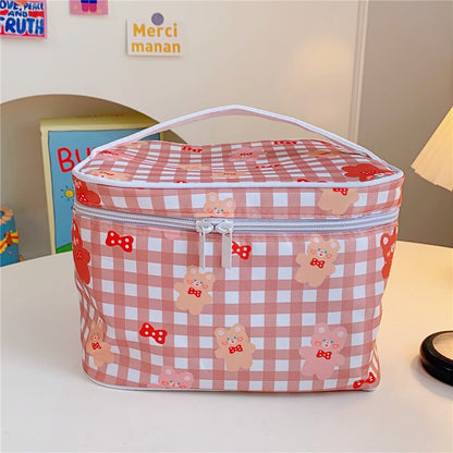 Cyflymder New Women Travel Cosmetic Makeup Bags Case Korean Bear Rabbit Plaid Toiletries Organizer Females Make up Storage Bag Pouch