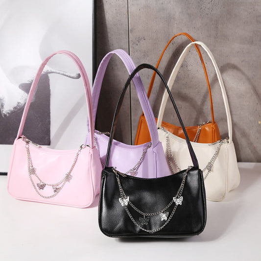 Realaiot Fashion Women PU Leather Small Shoulder Underarm Bag Ladies Vintage Butterfly Chain Pure Color Zipper Mini Purse Handbag