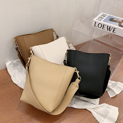 Realaiot Solid Color Pu Leather Crossbody Bags For Women Bucket Bags New Lady Handbags With Wide Belt Travel Shoulder Bags Casual