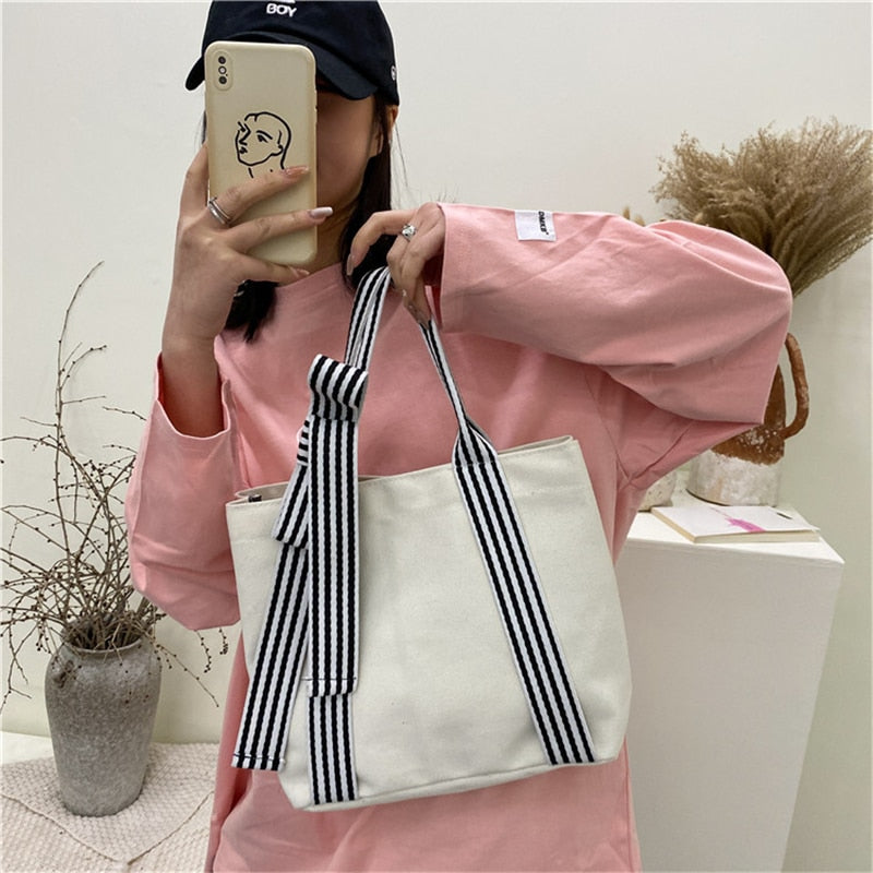 Realaiot Women Shoulder Bags Bow Tote Bag Ladies Designer Large Capacity Canvas Bag Striped Strap Ins Casual Cloth Bags 苤�邾郕訄 �迮郇�郕訄�