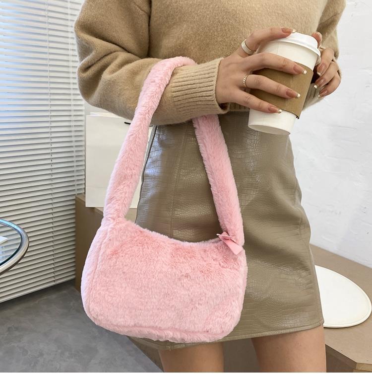 Realaiot Simple Design Women Soft Plush Hobos Shoulder Bags Winter Furry Ladies Clutch Purse Handbag Fashion Female  Underarm Bag