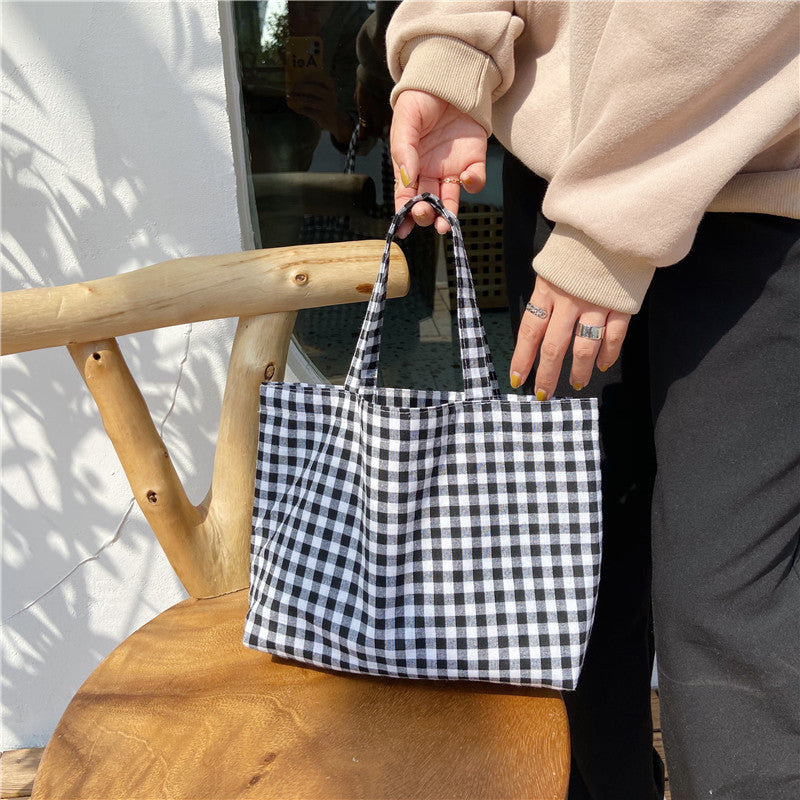 Cyflymder Portable Cotton Women Lunch Bento Bag Vintage Plaid Canvas Ladies Small Handbags Simple Female Cloth Mini Tote Bag Clutch Purse