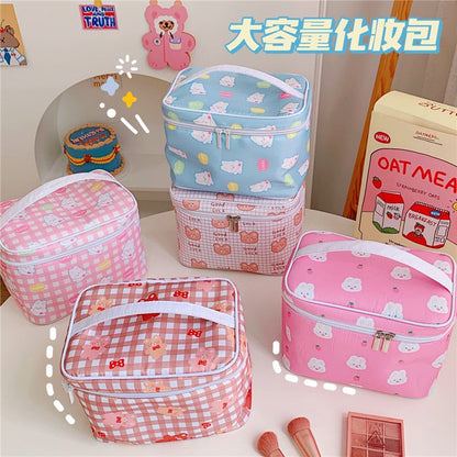 Cyflymder New Women Travel Cosmetic Makeup Bags Case Korean Bear Rabbit Plaid Toiletries Organizer Females Make up Storage Bag Pouch