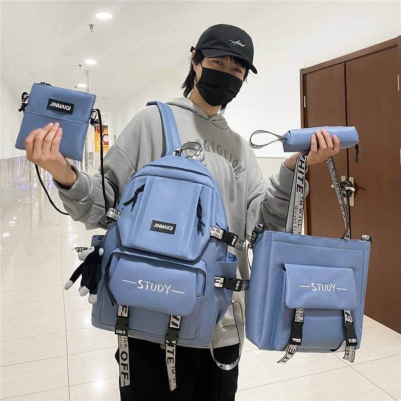 Realaiot 4 in 1 School backpack Set Harajuku School Bag For Teenager Girls Boys Travel Backbag Student Canvas Bookbag Rucksack Trend