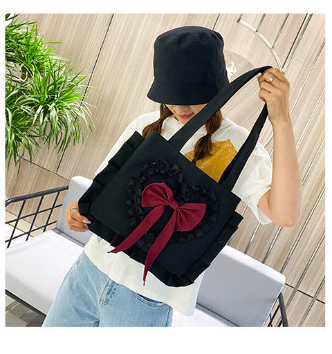 Realaiot Harajuku Shoulder Bag Women Cute Japanese JK Lolita Style Bow Ruffles Canvas Bag Big Shopper With Zipper Woman Purse