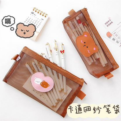 Realaiot Kawaii Transparen Bear Mesh Pencil Bag Pens Pouch Storage Case Brush Holder Big Capacity Kids Birthday Gift School Stationery